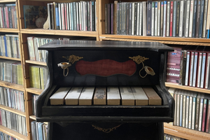Toy piano in front of a shelf with CDs