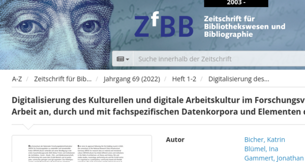 Screenshot der Website der Zeitschrift für Bibliothekswesen und Bibliographie (ZfBB)
