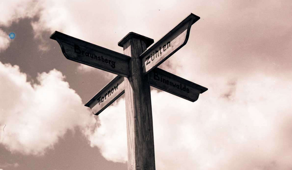 Black and white photography of a signpost in a field.