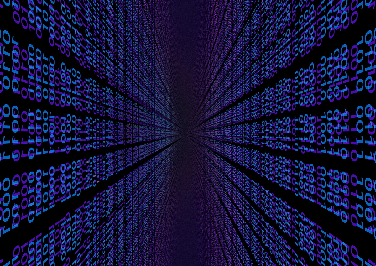 Binary code in blue and purple on black background