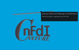 Animated 3D 4Culture Logo with an Annotation "Give your Data more Meaning in all Dimensions Call for participation - apply before Nov. 30, 2023!"