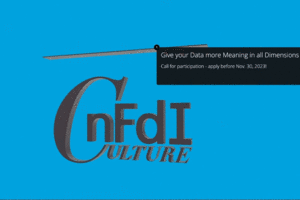 Animated 3D 4Culture Logo with an Annotation "Give your Data more Meaning in all Dimensions Call for participation - apply before Nov. 30, 2023!"