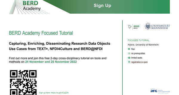 Invitation to BERD-Academy Focused Tutorial with topic Capturing, Enriching, Disseminating Research Data Objects