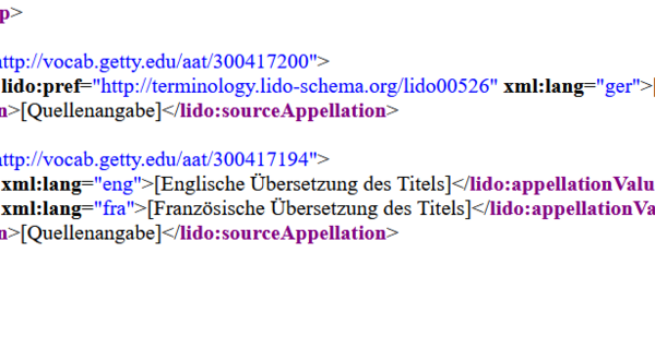 Screenshot eines LIDO (Lightweight Information Describing Objects) XML-Snippet