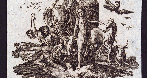 Druckgraphik eines nackten Jünglings, umgeben von wilden Tieren