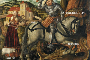 [Translate to Deutsch:] St George prepares to plunge the sword into the dragon, that crouches beneath his horse. George wears flamboyant armour and a broad-rimmed hat with a plume. On the left edge the king's daugther is visible with her attribute of the lamb.