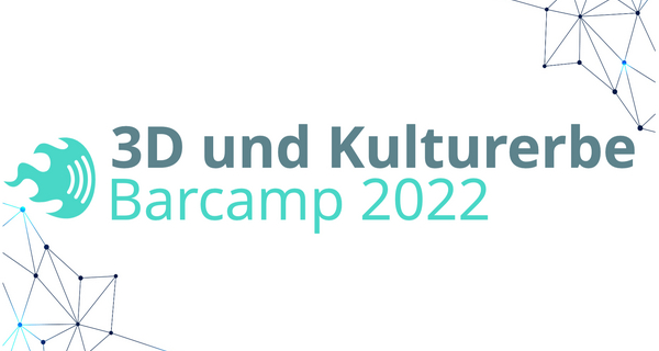[Translate to Deutsch:] Mesh in black and blue on white background with the words "Barcamp: 3D und Kulturerbe 2022" written on it