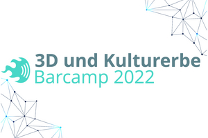 Mesh in black and blue on white background with the words "Barcamp: 3D und Kulturerbe 2022" written on it