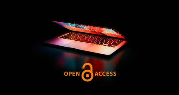 Open Access logo and half-opened laptop on black background