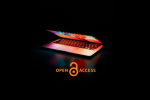 Open Access logo and half-opened laptop on black background