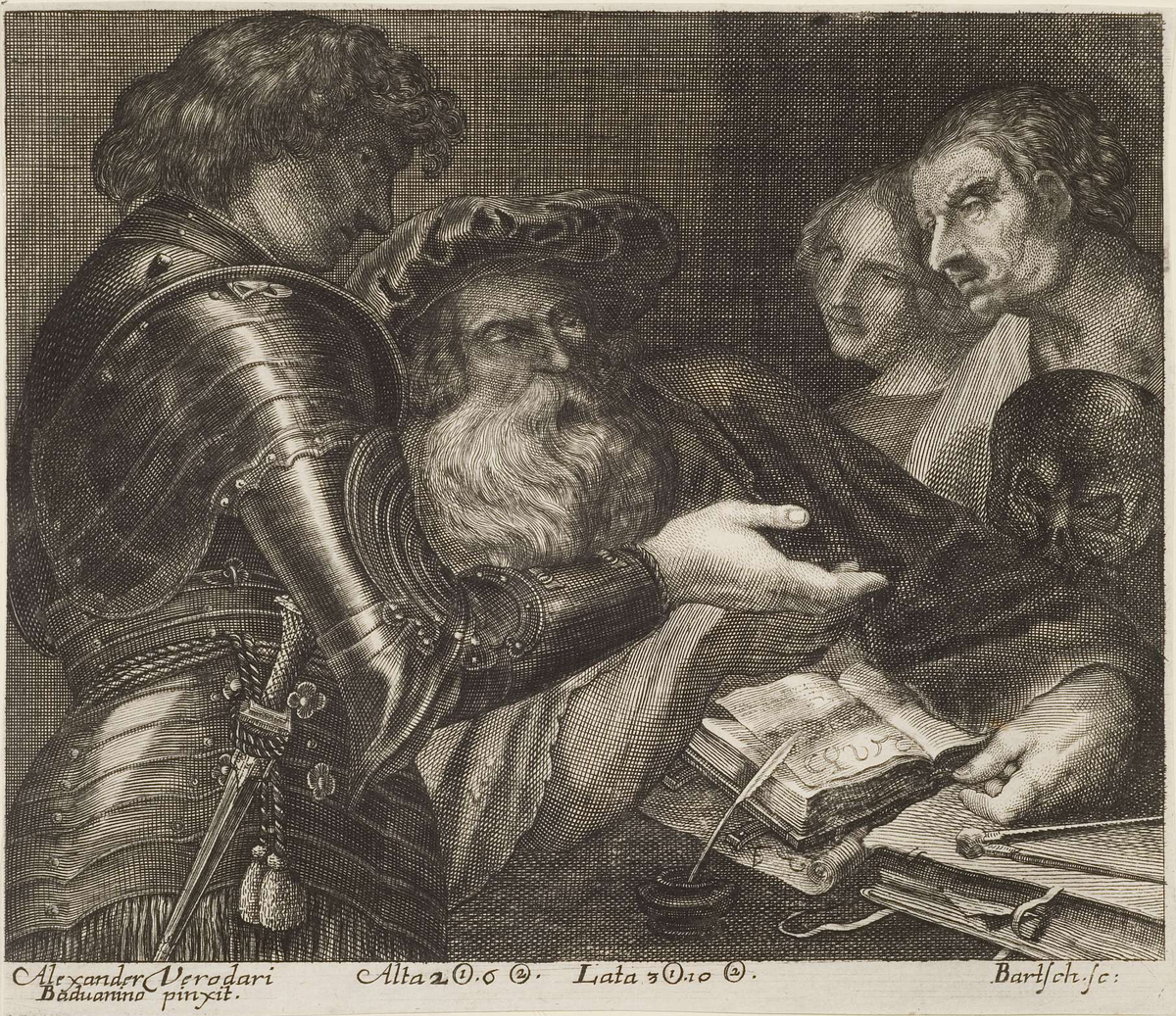 Warrior in armour talks to fortune teller. In the background are two other people and a skull.