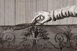 Engraving with a loom for carpet weaving, cutting with scissors