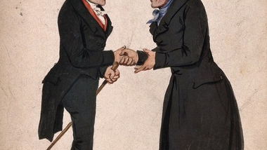 Two men shaking hands on meeting, outdoor scene. Watercolour.