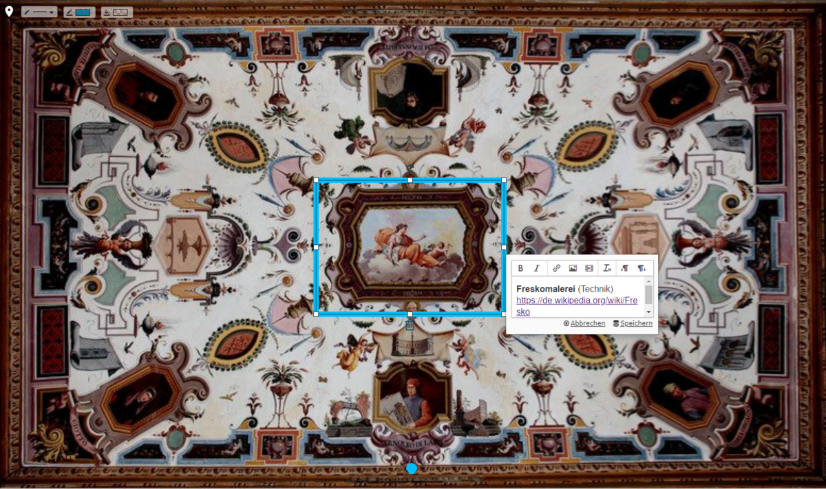 Photo reproduction of the ceiling fresco "Allegorie der Architektur" by Giuseppe Maria Terreni (Florence, 1778), digitally edited