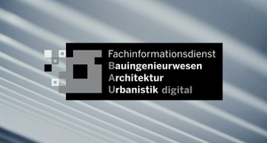 Photomontage of the FID BAUdigital´s logo and the picture "a blurry photo of a white and blue background".