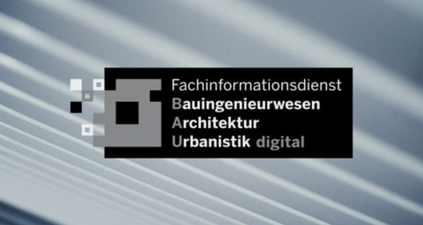 Photomontage of the FID BAUdigital´s logo and the picture "a blurry photo of a white and blue background".