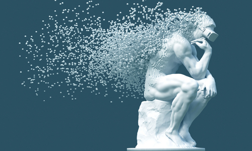 Sculpture Thinker With VR Glasses Desintegrated Into 3D Pixels On Blue Background