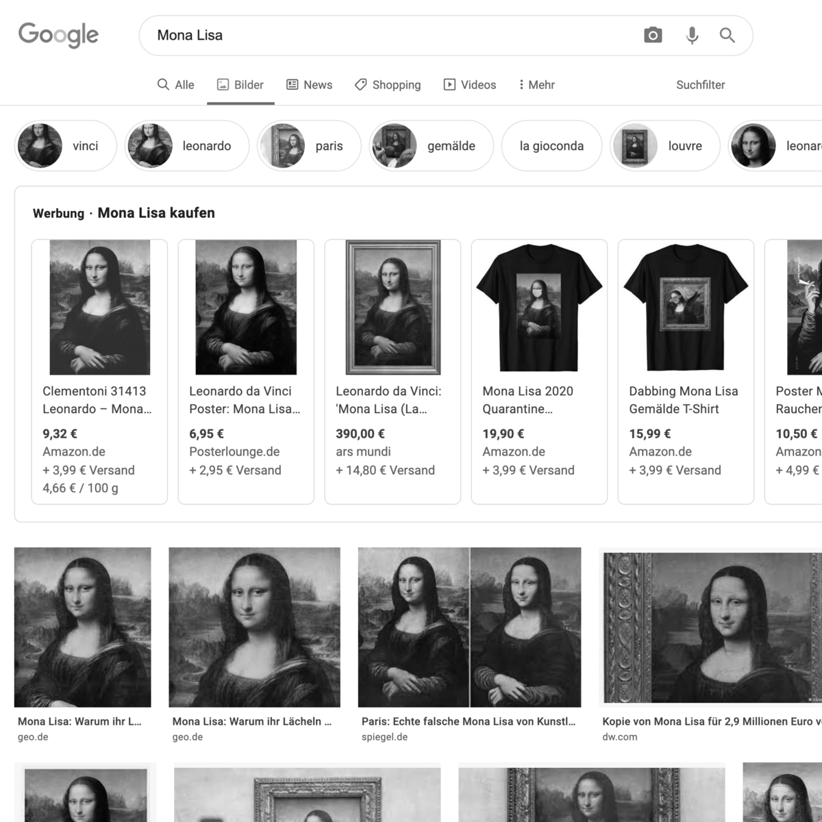Screenshot der Suchergebnisse nach Mona Lisa bei Google