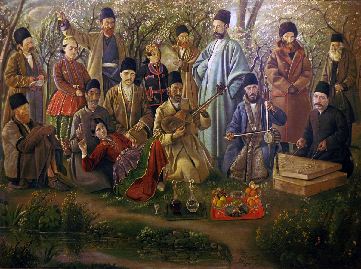 Photographic reproduction of an 1886 oil painting of a music group in Naser al-din shah era created by Kamal-ol-molk