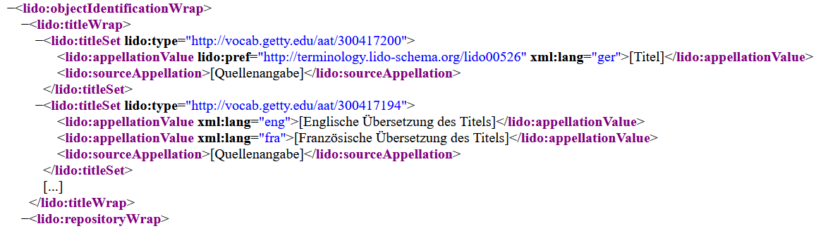 Screenshot from LIDO (Lightweight Information Describing Objects) XML-Snippet