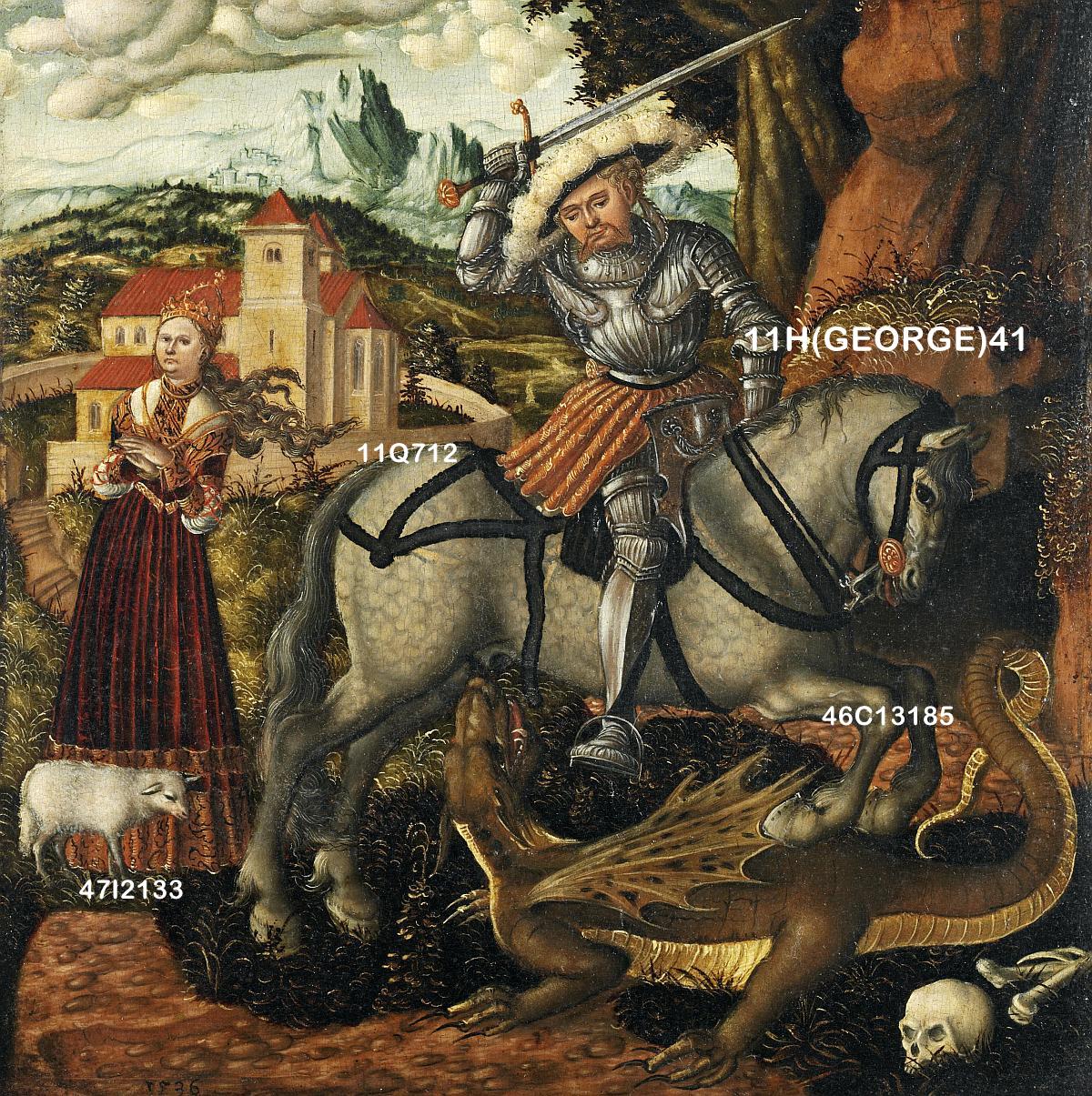 [Translate to Deutsch:] St George prepares to plunge the sword into the dragon, that crouches beneath his horse. George wears flamboyant armour and a broad-rimmed hat with a plume. On the left edge the king's daugther is visible with her attribute of the lamb.