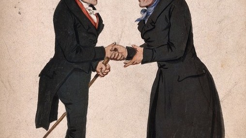 Two men shaking hands on meeting, outdoor scene. Watercolour, 1830/1850?. von Stephen Jenner - Wellcome Collection, United Kingdom - CC BY.
https://www.europeana.eu/de/item/9200579/k6hhgrnr